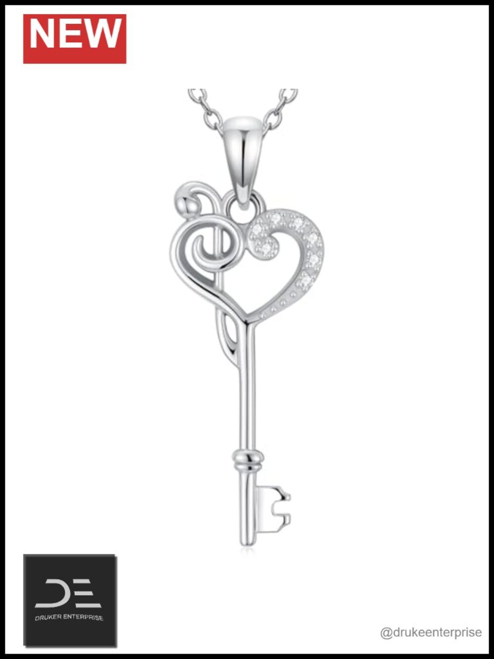 925 Sterling Silver Diamond Key Pendant Necklace with Lab Grown Diamonds Music